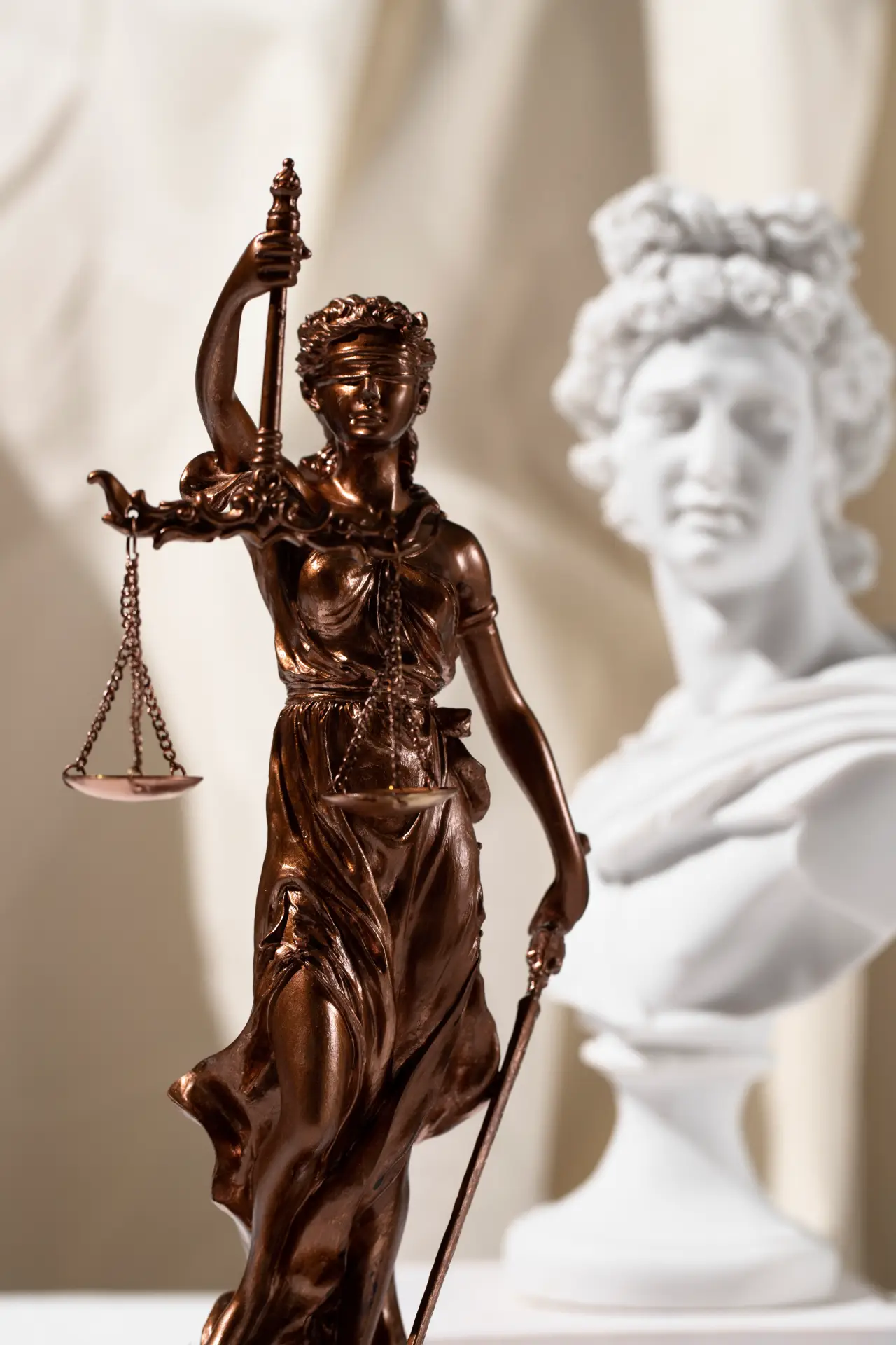 Estatueta da Justiça em bronze ao lado de busto clássico — símbolos do escritório